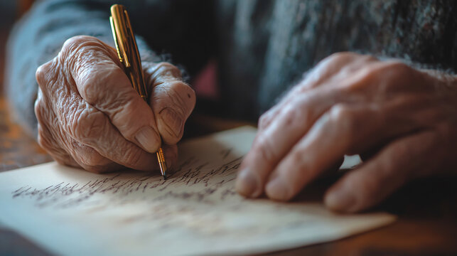 A close-up shows an elderly man's hand examining and signing a last will and testament, highlighting the significance of this document.