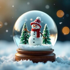 Obraz premium Miniature snowman in a glass globe with snow-covered trees, tiny,