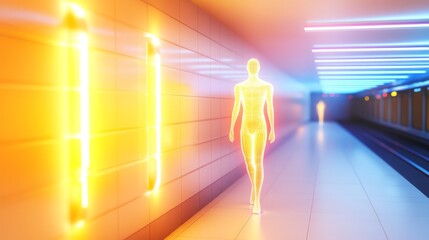 Illuminated figure walking in a modern corridor.