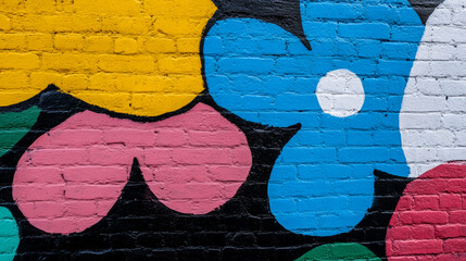 Brightly colored flower mural on a brick wall in an urban setting during daytime
