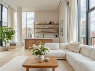 Fototapeta premium A white living room with a couch, coffee table, and a potted plant