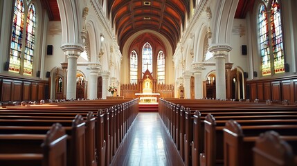 Fototapeta premium Grand Interior of a Majestic Church with Beautiful Stained Glass Windows : Generative AI