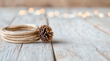 Naklejka premium Rustic twine bracelet with pine cone, bokeh lights, wooden background; holiday craft