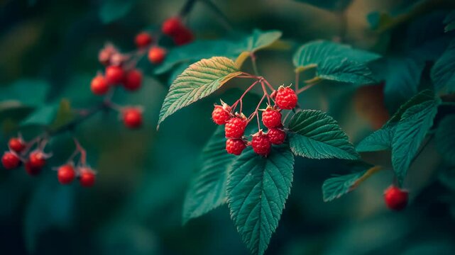 Close up of ripe red raspberries on a branch with deep green leaves, dark background, soft lighting, natural, detailed, fresh, juicy, vibrant colors, outdoor, autumn, garden, nature, berries, fruits