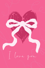 Vertical card for Valentine's Day with doodle hand drawn heart, white curly bow and typography on pink background. Template perfect for poster, cover, label