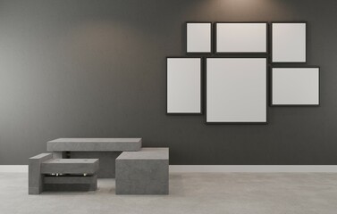 Modern gray concrete furniture and framed art display in minimalist interior