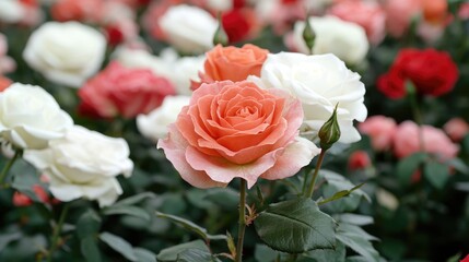Peach and white roses bloom in garden