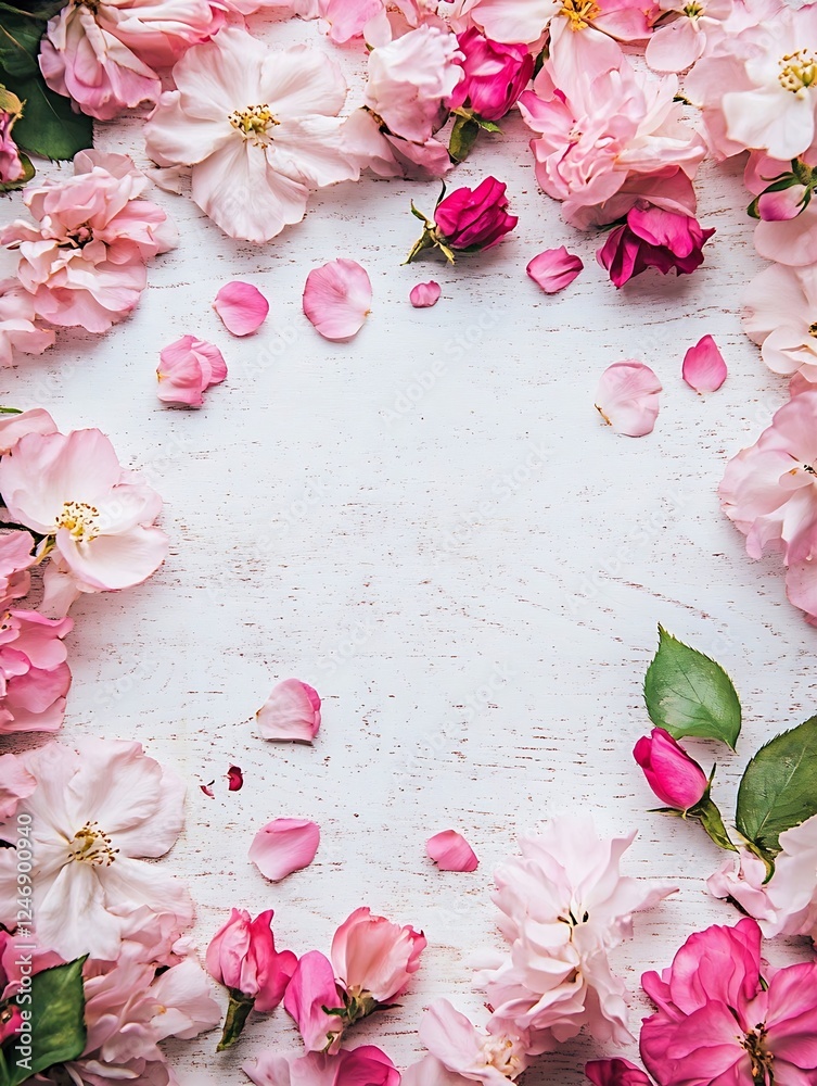 Poster elegant floral frame with pink petals on white rustic background : generative ai