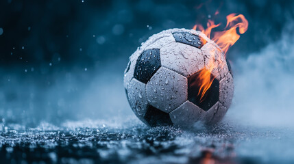 Fototapeta premium Soccer ball ignited on a rainy field showcasing surreal and dynamic elements of sport and weather