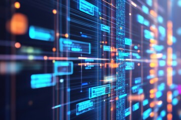 Digital Data Stream with Dynamic Blue and Orange Lines on Black Background