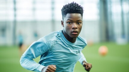 A young athlete training hard to grow their skills, running drills on the field with a determined look of focus and effort