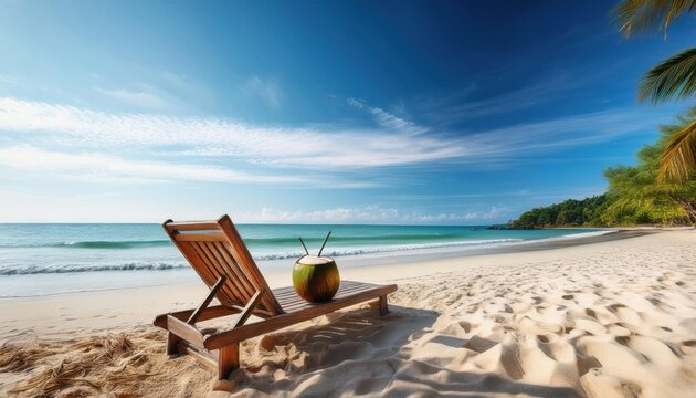Enjoy peaceful moments on a vibrant beach with refreshing coconut drink under the summer sun