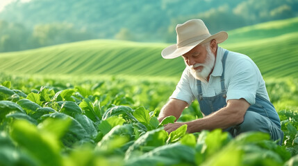 An elderly farmer wearing a hat crouches down among vibrant gree