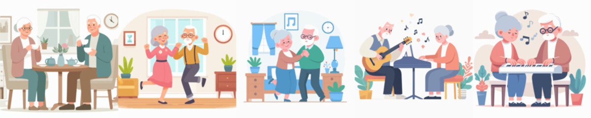 vector set of grandparents playing music