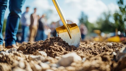 A politician at a groundbreaking ceremony for a new community center, breaking the first soil with a golden shovel in front of a crowd