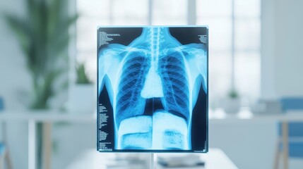 A clear X-ray image showing human lungs and chest structure, prominently displayed in a bright, modern medical environment.