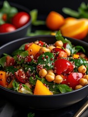 Vibrant chickpea and quinoa salad with fresh vegetables on dark background.