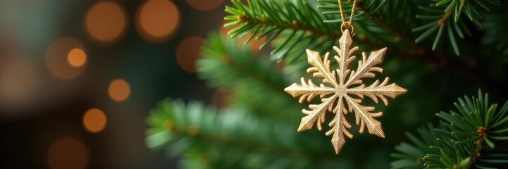 Delicate gold snowflake ornaments adorn a Christmas tree branch, delicate, sparkling, tree topper