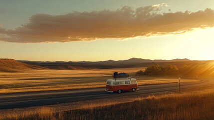 Classic van driving down an open highway at sunset with vast fields and mountains in the background