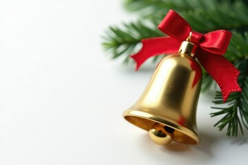 Decorative details of a golden Christmas bell against a simple white background, , clean