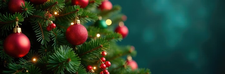 Decorated evergreen tree with colorful ornaments and lights, lights, berries