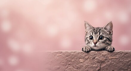 A cute kitten, with its head just peeking over a ledge, is contrasted by a soft pink backdrop, bringing a playful vibe.