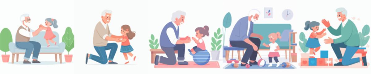 vector set of grandfather playing with his grandson