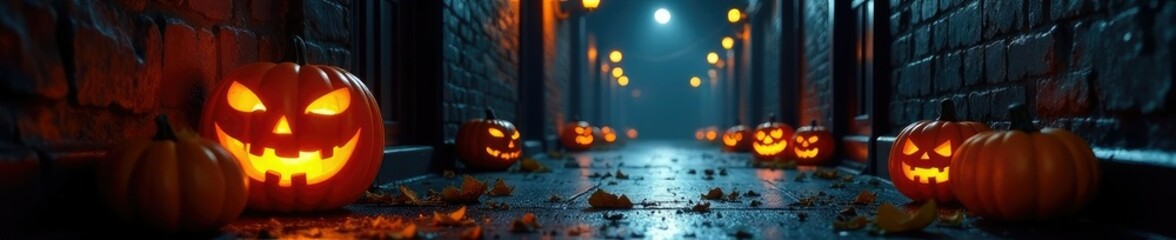 Naklejka premium Dark hallway with cobwebs and jack-o'-lanterns, festive season, Halloween decorations