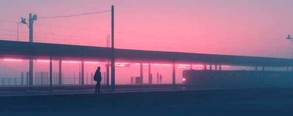 Misty train station at sunrise with silhouette.