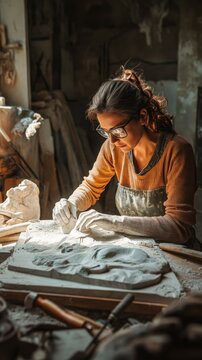 female sculptor carefully chiseling a white marble sculpture in her sunlit studio workspace
