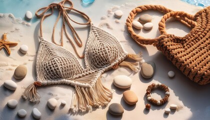 Naklejka premium Summer vibes with a unique bikini and stylish accessories on a sandy beach setting