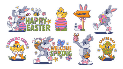 Naklejka premium Happy Easter. Cute rabbits, chickens and eggs. Retro groovy Easter elements. Funny bunnies, spring flowers, colorful holiday egg, festive decoration, kids chick. Vector set