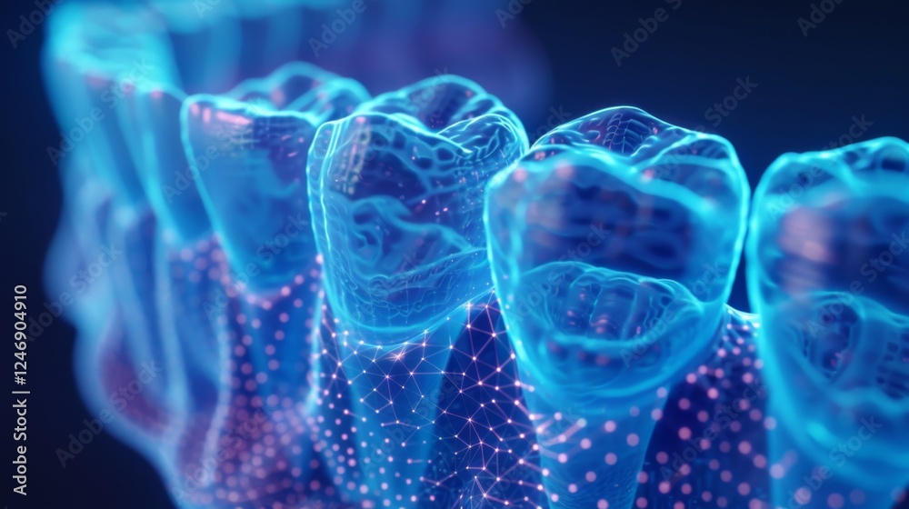 Poster this visual displays a highly detailed digital rendering of human teeth with an emphasis on their st