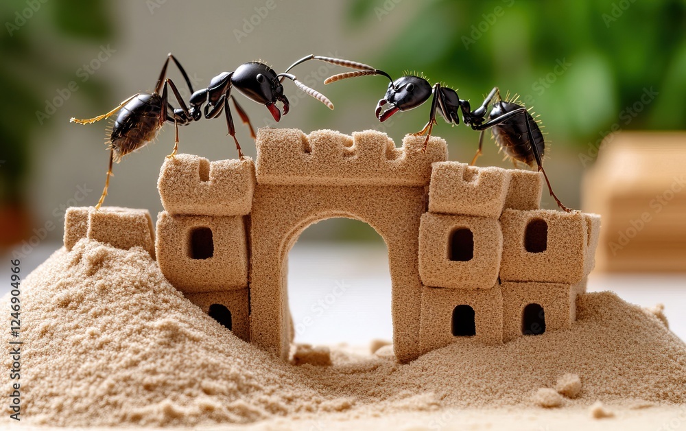 Wall mural Two ants are interacting on a small sandcastle, showcasing a unique blend of nature and creativity in a playful setting.