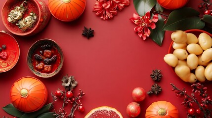 Festive Chinese New Year Arrangement with Traditional Red Elements and Fresh Fruits : Generative AI