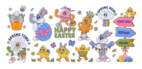 Happy Easter characters. Cartoon bunny, eggs and chicks. Cute rabbit, carrot, flowers, chicken, decorative holiday pointer, paint Easter egg. Funny kids animals. Vector set