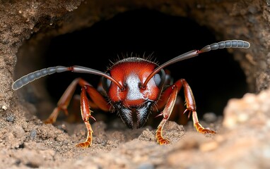 A close-up of a red ant emerging from its underground nest, showcasing its distinct features and textures against the earthy background.