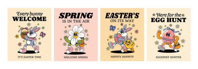 Easter poster. Retro bunny, eggs characters. Groovy 70s cartoon Easter holiday mascot rabbit, egg, flowers, chick walking. Spring banners for social media. Vector set