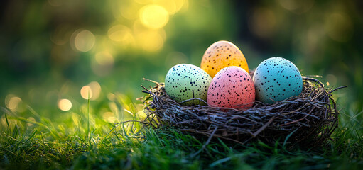 Colorful eggs in a nest. Vibrant, speckled eggs sit in a nest on grass, illuminated by soft sunlight during springtime.