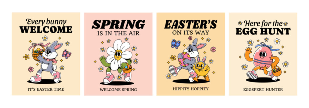 Easter poster. Retro bunny, eggs characters. Groovy 70s cartoon Easter holiday mascot rabbit, egg, flowers, chick walking. Spring banners for social media. Vector set