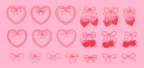 Retro heart frame. Coquette cherry, strawberry with ribbon. Vintage ruffles and bows heart frame. Pink girly berry decorative elements. Vector Valentines Day set