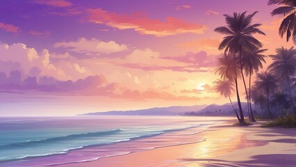 A serene beach scene with white sand, gentle waves