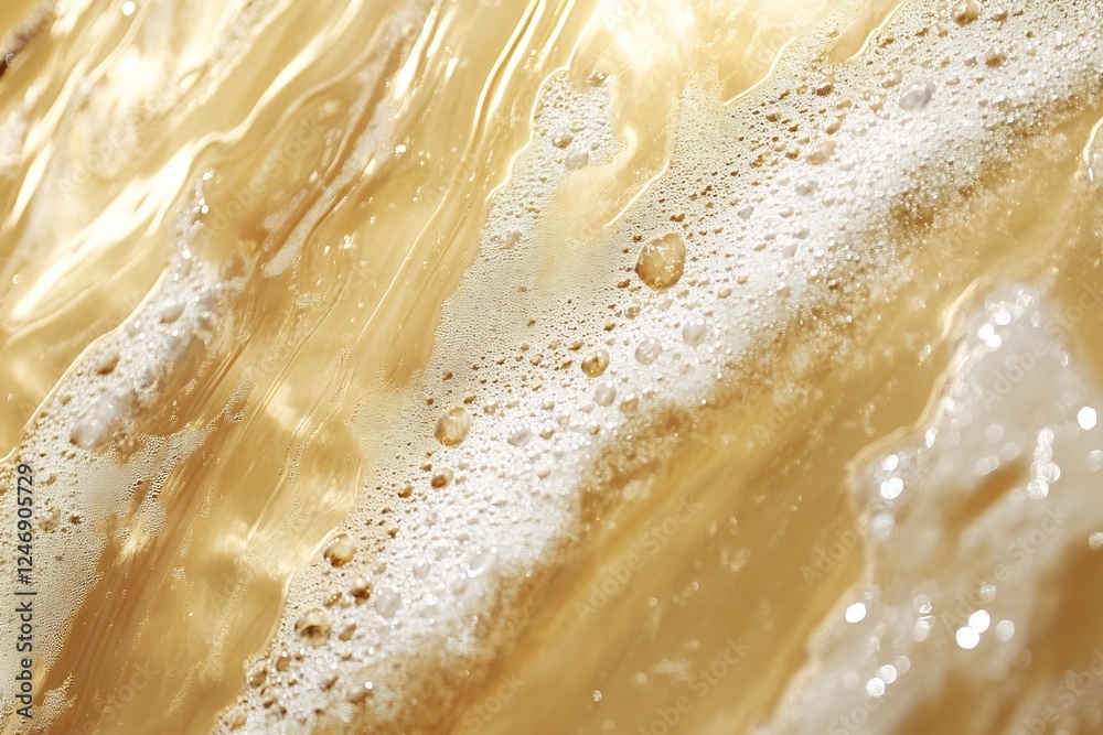 Poster close-up of golden shimmering abstract liquid texture with foamy bubbles : generative ai