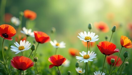 Fototapeta premium Daisies and poppies blooming amidst tall cornflowers, wildflowers, daisies