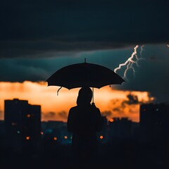 Solitary figure silhouetted against dramatic lightning storm over the city skyline at dusk