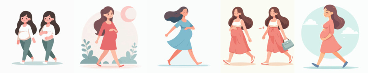 pregnant woman vector set walking