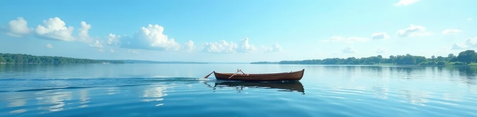 Fototapeta premium A wooden rowboat glides across the lake under a clear blue sky, sailing, sky, peaceful
