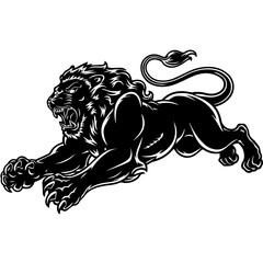A bold black and white vector illustration of a roaring lion in mid-leap, showcasing its fierce expression, muscular body, and sharp claws.