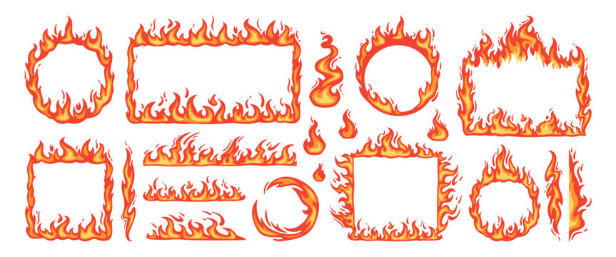 Fire borders. Cartoon flame frame. Hot flaming circle, blazing ignite edges square, fire trail, heat burning rectangle. Wildfire flammable border frames. Vector elements