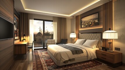 Fototapeta premium Contemporary hotel restaurant with stylish seating and elegant decor.
